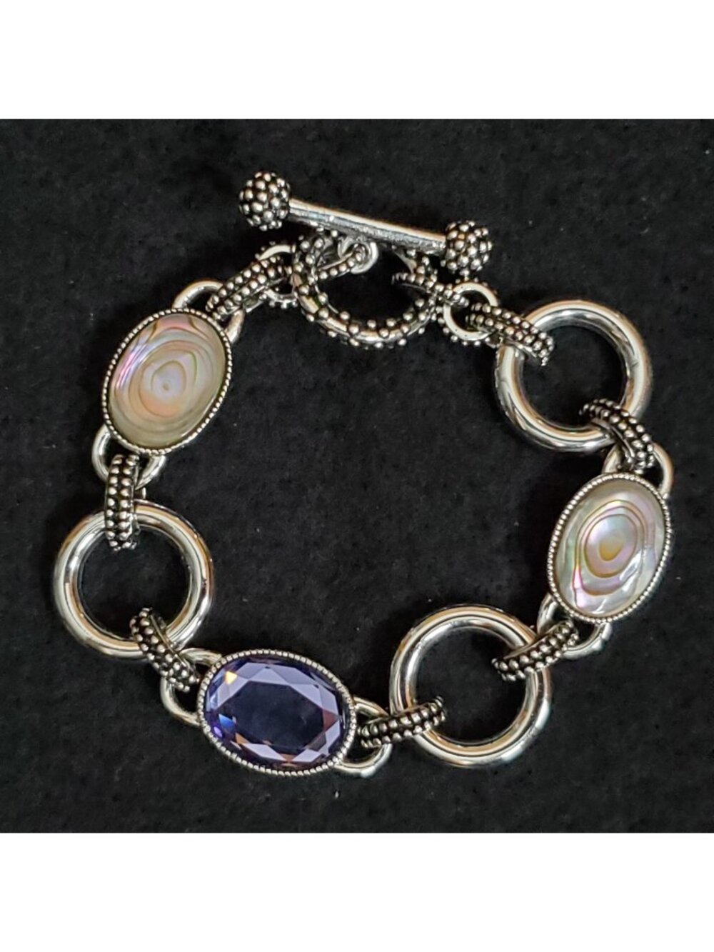 Vintage Lia Sophia Bracelet Silver Tone Purple Abalone Toggle 7"
